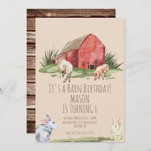 ウォーターカラーバーンアニマルズファームハウス誕生日 招待状 (正面/裏面)