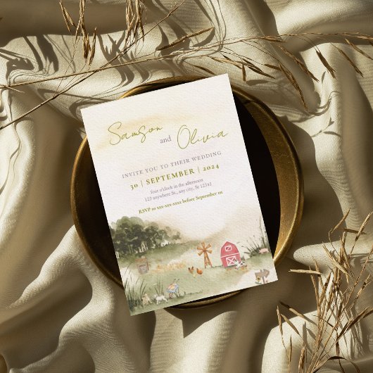 ウォーターカラーバーンイラストレーションファームハウス結婚ズ 招待状