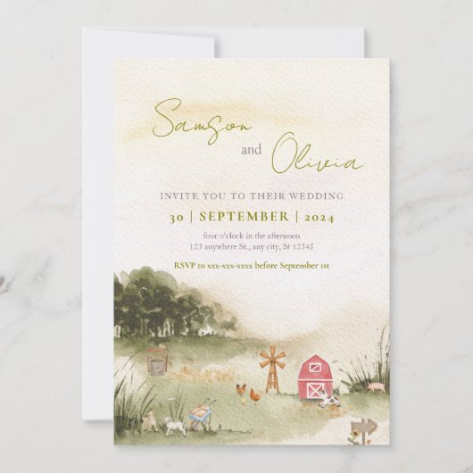 ウォーターカラーバーンイラストレーションファームハウス結婚ズ 招待状 (正面)