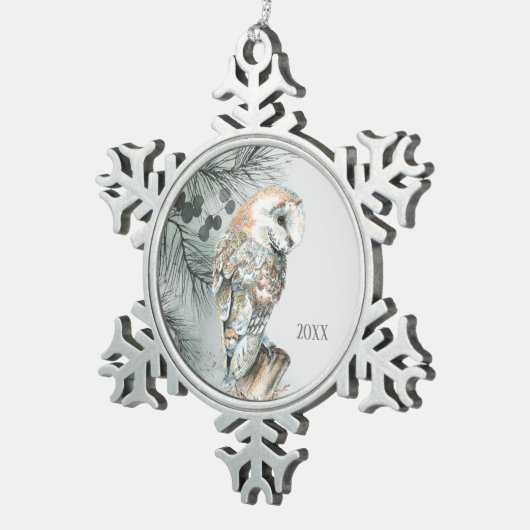 ウォーターカラーバーンドウル鳥自然ワイルドライフアート スノーフレークピューターオーナメント (右)