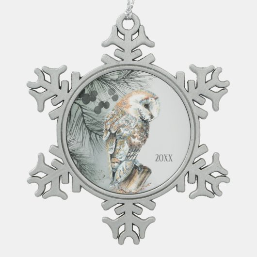 ウォーターカラーバーンドウル鳥自然ワイルドライフアート スノーフレークピューターオーナメント (正面)