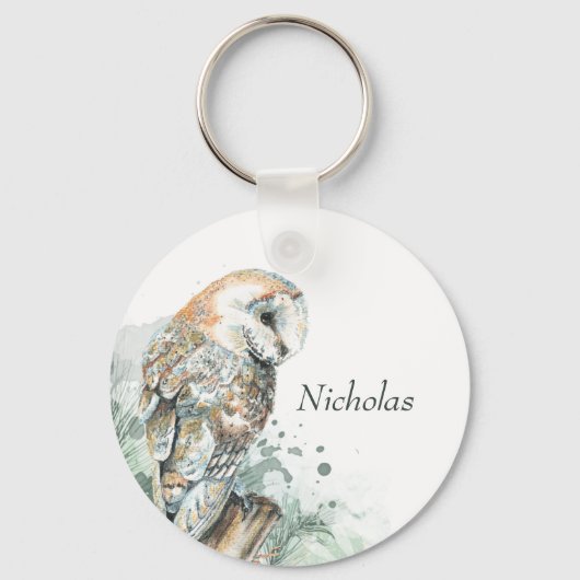 ウォーターカラーバーンドルフクロウ鳥野獣自然アートケ キーホルダー (裏面)