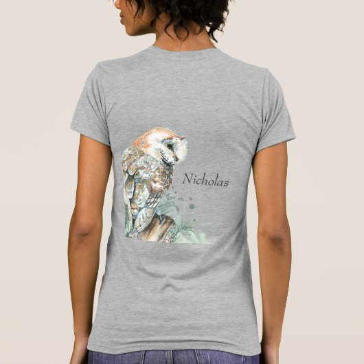 ウォーターカラーバーンドルフクロウ鳥野獣自然アートケ Tシャツ (裏面)