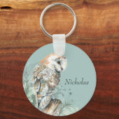 ウォーターカラーバーンドルフクロウ鳥野獣自然アート キーホルダー (正面)