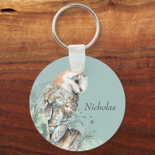 ウォーターカラーバーンドルフクロウ鳥野獣自然アート キーホルダー (正面)