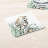 ウォーターカラーバーンドルフクロウ鳥野獣自然アート スクエアペーパーコースター (アングル)