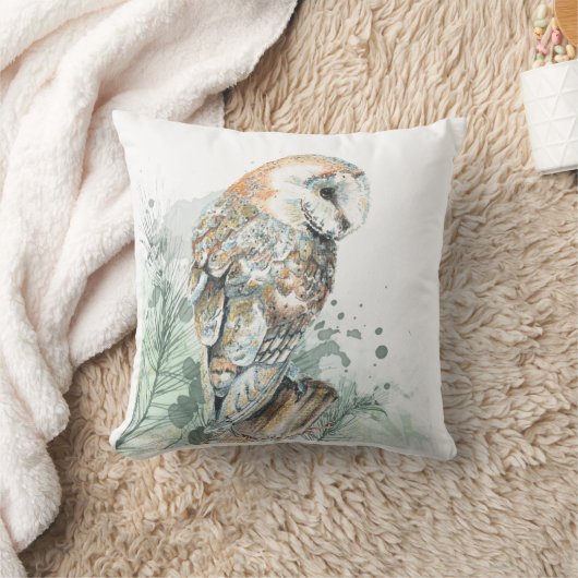 ウォーターカラーバーンドルフクロウ鳥野生生物自然アートフー クッション (ブランケット)