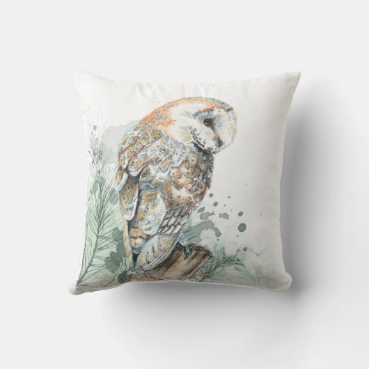 ウォーターカラーバーンドルフクロウ鳥野生生物自然アートフー クッション (裏面)