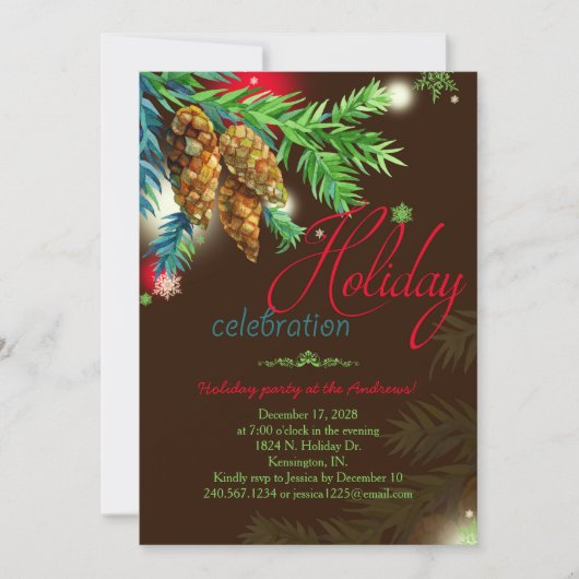 ウォーターカラーパインコーンホリデーパーティー 招待状 (正面)