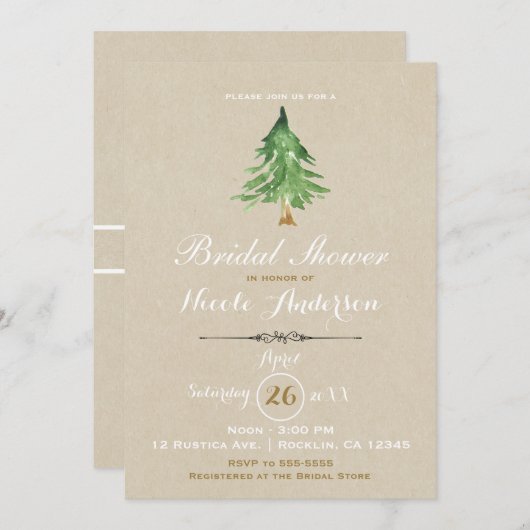 ウォーターカラーパインツリークラフト素朴ブライダルシャワー 招待状 (正面/裏面)