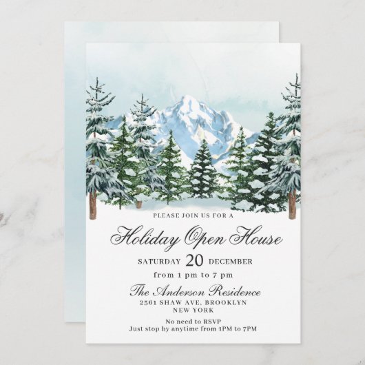 ウォーターカラーパインツリークリスマスホリデーオープンハウス 招待状 (正面/裏面)