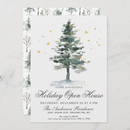 ウォーターカラーパインツリークリスマスホリデーオープンハウス 招待状 (正面/裏面)