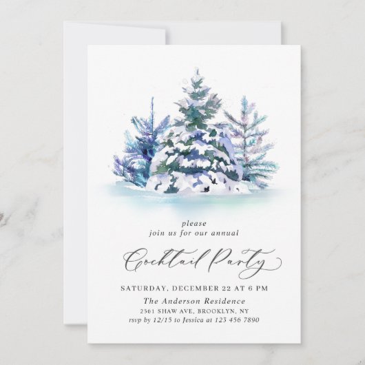 ウォーターカラーパインツリーシックなクリスマスカクテルパーティー 招待状 (正面)