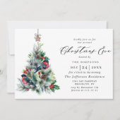 ウォーターカラーパインツリーシックホリデークリスマスイブ 招待状 (正面)