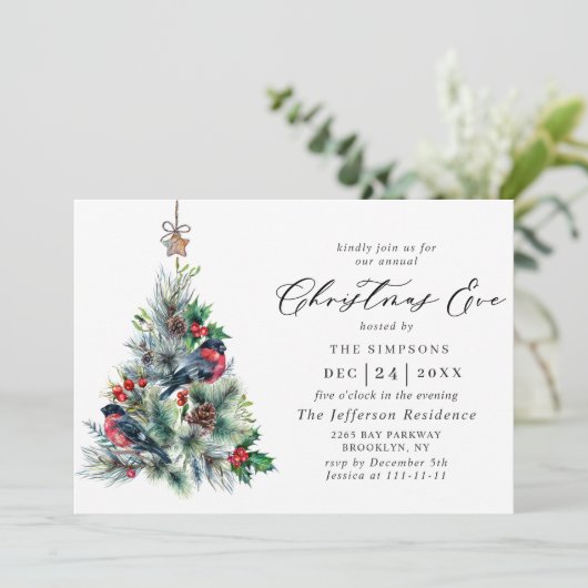 ウォーターカラーパインツリーシックホリデークリスマスイブ 招待状 (スタンド正面)