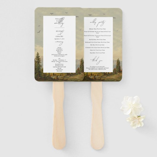 ウォーターカラーパインツリーフォレスト結婚式 プログラム ハンドファン (正面&裏面)