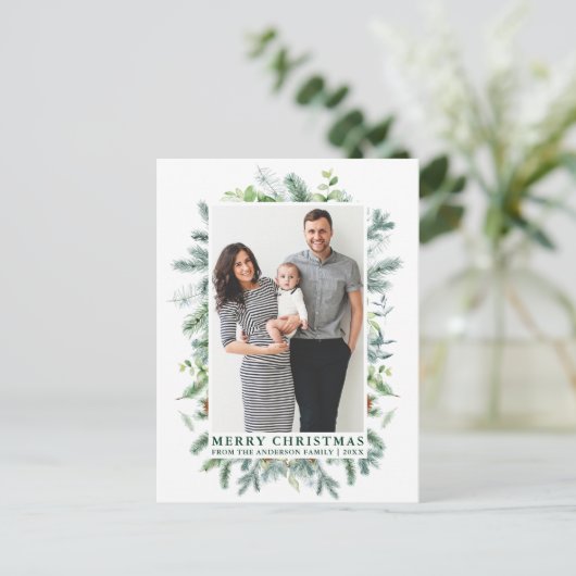 ウォーターカラーパインファミリーフォトクリスマスグリーン ポストカード (スタンド正面)