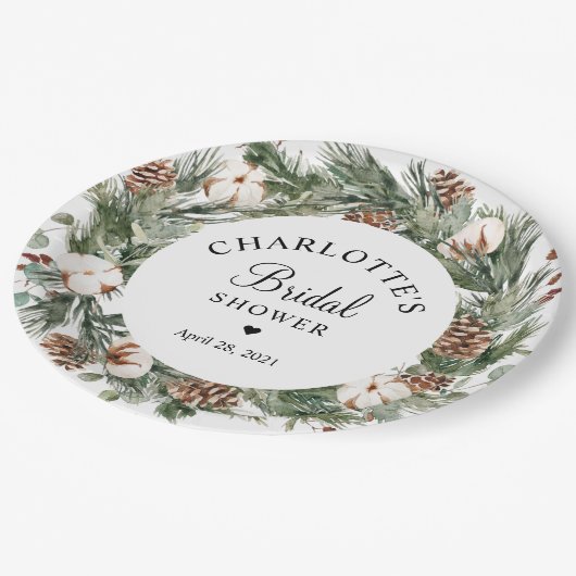 ウォーターカラーパイン&ウィンターグリーンブライダルシャワー ペーパープレート (アングル)