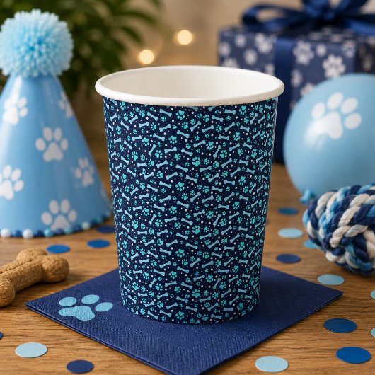 ウォーターカラーパウプリントのブルーの誕生日グッズ 紙コップ