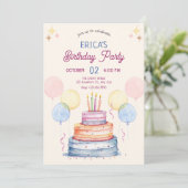ウォーターカラーパステルお誕生日ケーキ 招待状 (スタンド正面)