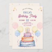 ウォーターカラーパステルお誕生日ケーキ 招待状 (正面/裏面)