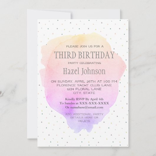 ウォーターカラーパステルかわいらし第三誕生日招待状 招待状 (正面)
