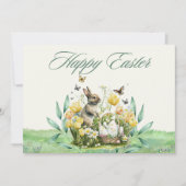 ウォーターカラーパステルイエローチューリップバニーハッピーイースター ノートカード (正面)