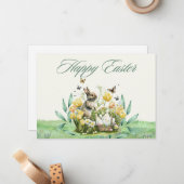 ウォーターカラーパステルイエローチューリップバニーハッピーイースター ノートカード (正面/裏面インサイチュ)