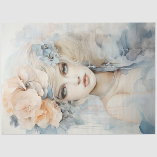 ウォーターカラーパステルグリーンピーチレトロ女性ポートレート 薄葉紙 (正面)