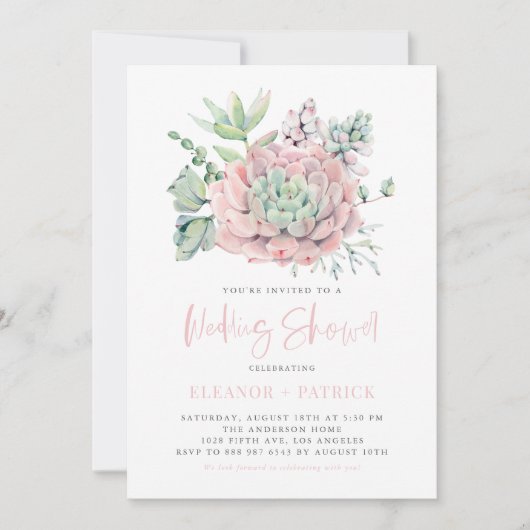 ウォーターカラーパステルスキュレントウェディングシャワー 招待状 (正面)