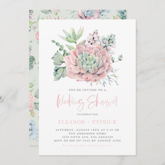 ウォーターカラーパステルスキュレントウェディングシャワー 招待状 (正面/裏面)