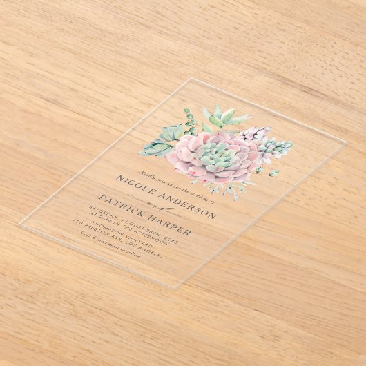 ウォーターカラーパステルスキュレントブーケ結婚ーズ アクリル招待状 (レイダウン)