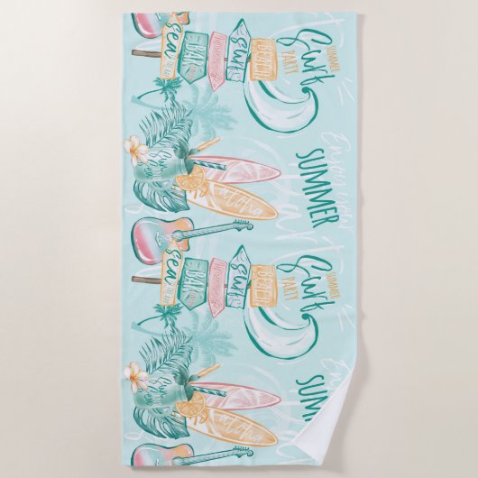 ウォーターカラーパステルピンクグリーンビーチサマーサーフ ビーチタオル (正面)