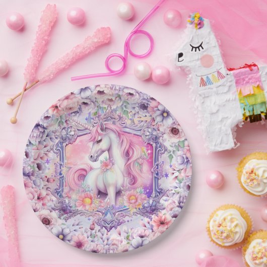 ウォーターカラーパステルピンクユニコーンガール誕生日 ペーパープレート (パーティー)