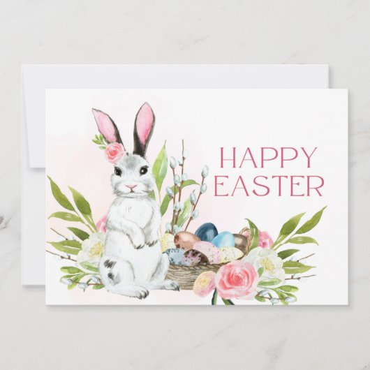 ウォーターカラーパステルピンクローゼズバニーハッピーイースター ノートカード (正面)