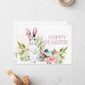 ウォーターカラーパステルピンクローゼズバニーハッピーイースター ノートカード (正面/裏面インサイチュ)