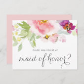 ウォーターカラーパステルフローラビーマイメイド・オブ・オーナー(花嫁付き添い人)カード インビテーションポストカード (正面/裏面)