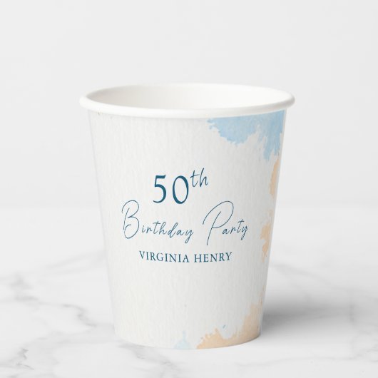 ウォーターカラーパステルブルーエイジ誕生日 紙コップ (正面)