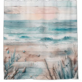 ウォーターカラーパステルブルーベージュオセアニックシーサイドウッド シャワーカーテン (正面)