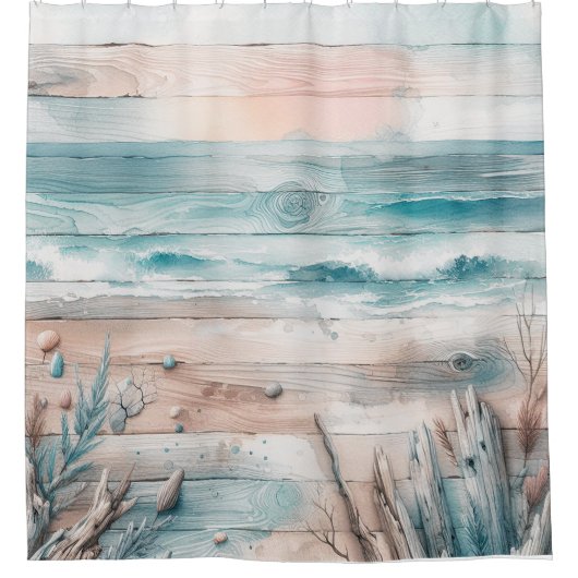 ウォーターカラーパステルブルーベージュオセアニックシーサイドウッド シャワーカーテン (正面)
