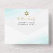 ウォーターカラーパステルブルー金ゴールドバルミツワー オールインワン招待状 (裏面)