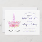 ウォーターカラーパステルユニコーンアンドレインボー誕生日 招待状 (正面)