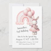 ウォーターカラーパステルレインボーアンドガールバニー誕生日 招待状 (正面)