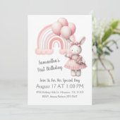 ウォーターカラーパステルレインボーアンドガールバニー誕生日 招待状 (スタンド正面)