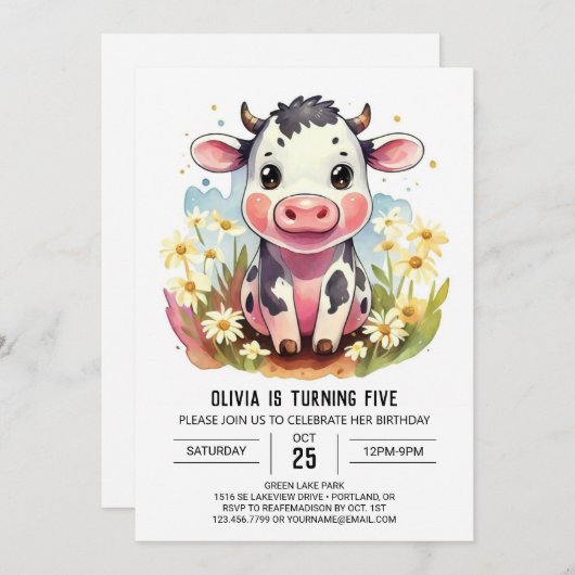 ウォーターカラーパステル納屋周囲の庭カウー誕生日 招待状 (正面/裏面)