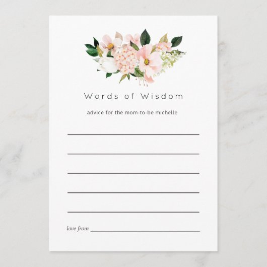 ウォーターカラーパステル赤面ピンクフローラブライダルシャワー アドバイスカード (正面)