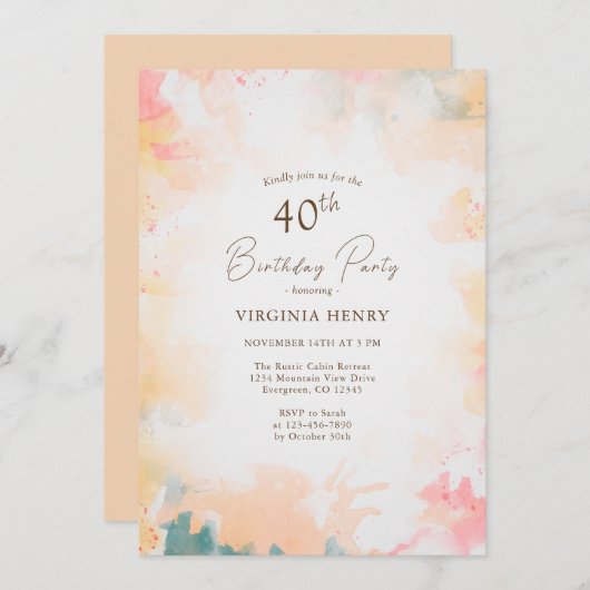 ウォーターカラーパステル金ゴールド40th誕生日パーティー 招待状 (正面/裏面)