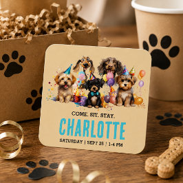 ウォーターカラーパピーパーティー 犬の誕生日 スクエアシール