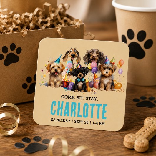 ウォーターカラーパピーパーティー 犬の誕生日 スクエアシール