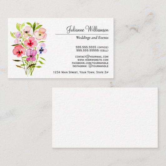 ウォーターカラーパンシーズブーケシンプルエレガントー 名刺 (正面/裏面)